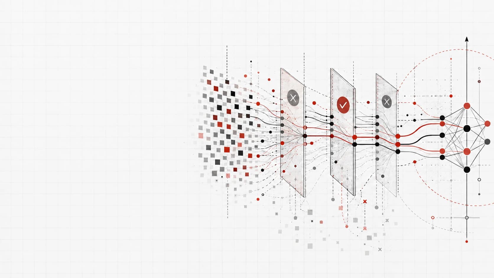 An abstract neural network diagram with sparse connections, gates, and red and black data flow on a pale grid.